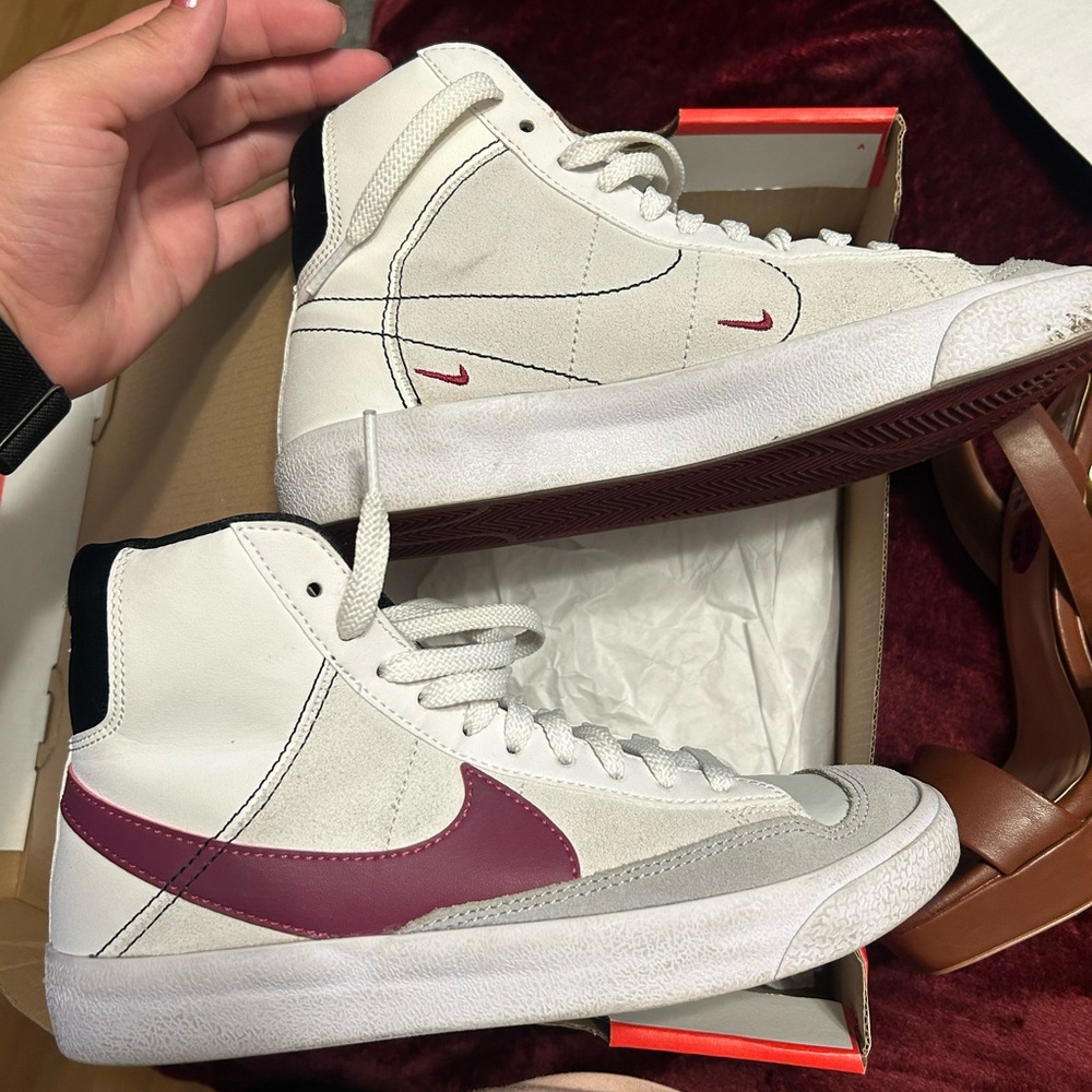 White and Burgundy High-Top Sneakers